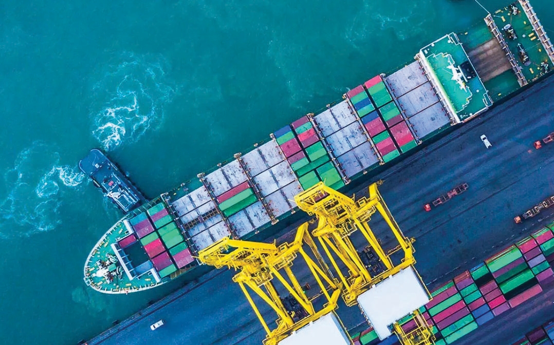 Aerial view of container terminal and vessel operations